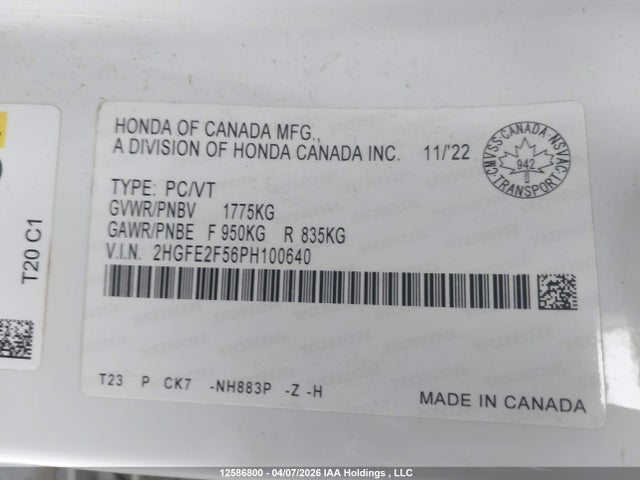 Продаж на аукціоні авто 2023 Honda Civic Sport, vin: 2HGFE2F56PH100640, номер лоту: 12586800
