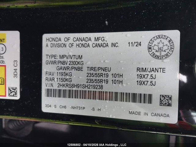 2HKRS6H91SH219238 Honda Cr-v Touring Hybrid