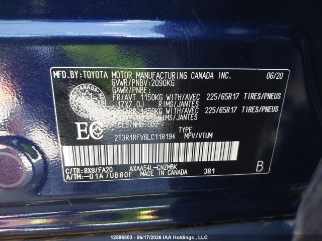 12586803 :رقم المزاد ، 2T3R1RFV6LC118194 vin ، 2020 Toyota Rav4 Xle/xle Premium مزاد بيع