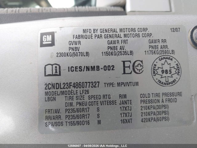 Aukcja sprzedaży 2008 Chevrolet Equinox Ls, vin: 2CNDL23F486077327, numer aukcji: 12586807