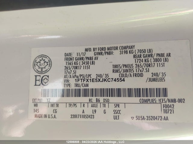 12586808 :رقم المزاد ، 1FTFX1E5XJKC74554 vin ، 2018 Ford F150 Super Cab مزاد بيع