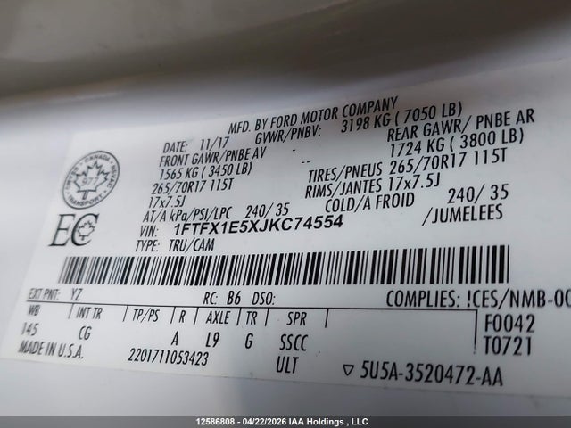 12586808 :رقم المزاد ، 1FTFX1E5XJKC74554 vin ، 2018 Ford F150 Super Cab مزاد بيع