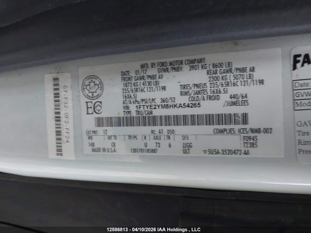 Продаж на аукціоні авто 2017 Ford Transit T-150, vin: 1FTYE2YM8HKA54265, номер лоту: 12586813