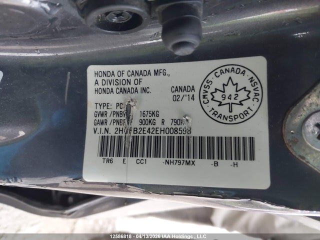 Aukcja sprzedaży 2014 Honda Civic Lx, vin: 2HGFB2E42EH008598, numer aukcji: 12586818