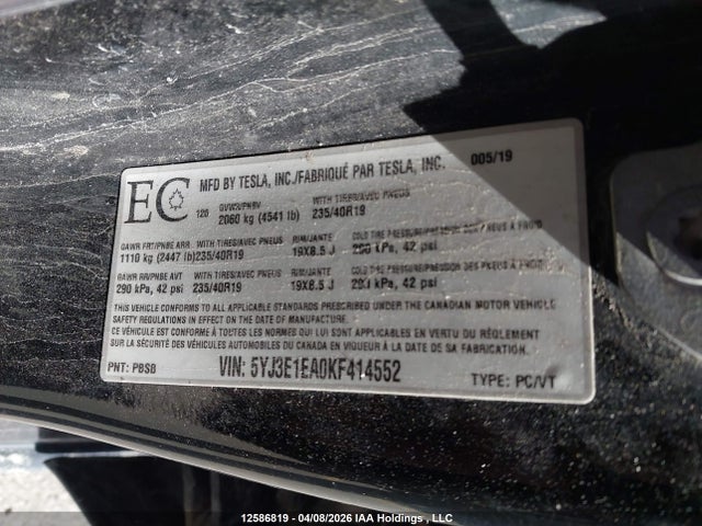 Продажа на аукционе авто 2019 Tesla Model 3 Long Range/mid Range/standard Range/standard Range Plus, vin: 5YJ3E1EA0KF414552, номер лота: 12586819