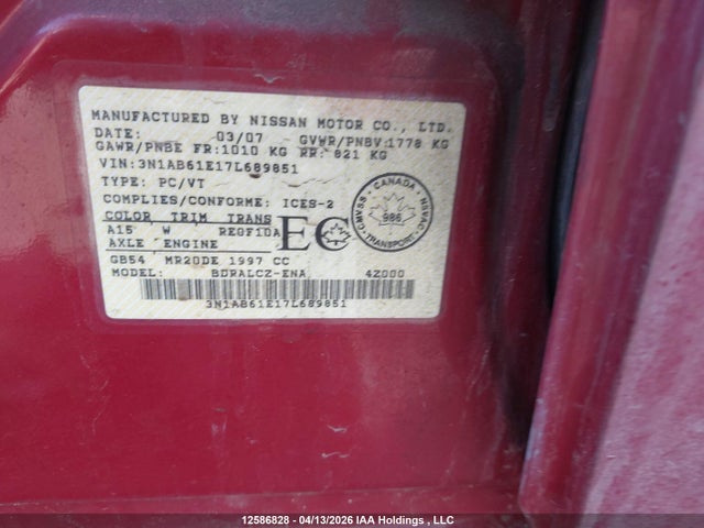 Продаж на аукціоні авто 2007 Nissan Sentra 2.0, vin: 3N1AB61E17L689851, номер лоту: 12586828