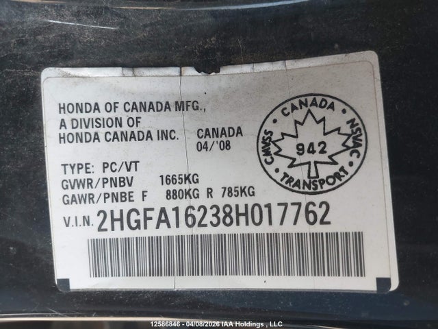 Продажа на аукционе авто 2008 Honda Civic Dx, vin: 2HGFA16238H017762, номер лота: 12586846