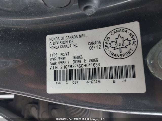 12586852 :رقم المزاد ، 2HGFB2F46CH041633 vin ، 2012 Honda Civic Lx مزاد بيع
