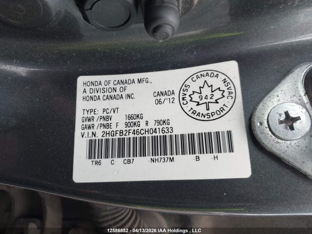12586852 :رقم المزاد ، 2HGFB2F46CH041633 vin ، 2012 Honda Civic Lx مزاد بيع