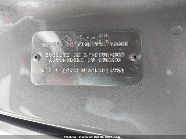 12586866 :رقم المزاد ، 2C4RDGEG6KR514731 vin ، 2019 Dodge Grand Caravan Gt مزاد بيع