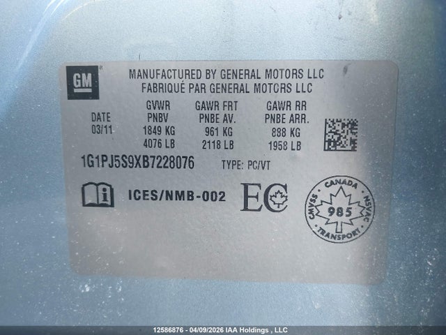 2011 Chevrolet Cruze Eco მანქანა იყიდება აუქციონზე, vin: 1G1PJ5S9XB7228076, აუქციონის ნომერი: 12586876
