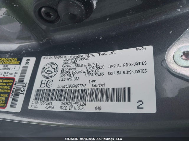 Aukcja sprzedaży 2024 Toyota Tundra Hybrid Limited 4x4, vin: 5TFWC5DB0RX077742, numer aukcji: 12586885