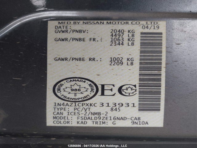1N4AZ1CPXKC313931 Nissan Leaf S/sl/sv