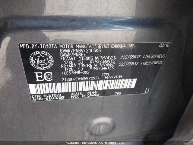 12586899 :رقم المزاد ، 2T3BFREV4GW472921 vin ، 2016 Toyota Rav4 Le مزاد بيع