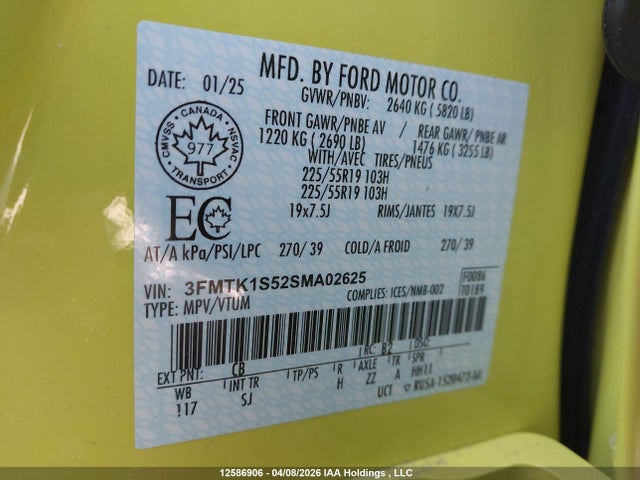 2025 Ford Mustang Mach-e Select მანქანა იყიდება აუქციონზე, vin: 3FMTK1S52SMA02625, აუქციონის ნომერი: 12586906