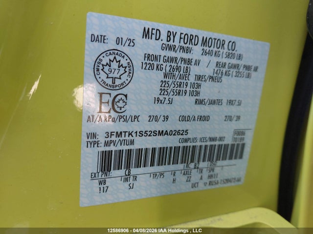 2025 Ford Mustang Mach-e Select მანქანა იყიდება აუქციონზე, vin: 3FMTK1S52SMA02625, აუქციონის ნომერი: 12586906