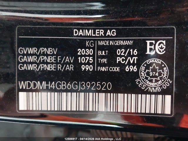 WDDMH4GB6GJ392520 Mercedes-Benz B 250 4matic Sports Tourer