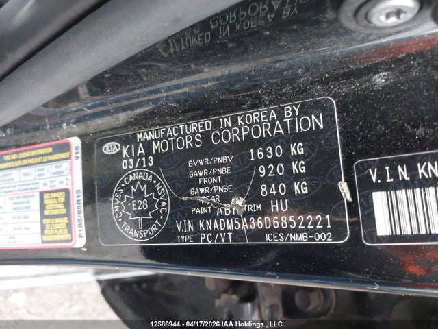 12586944 :رقم المزاد ، KNADM5A36D6852221 vin ، 2013 Kia Rio Ex/lx/lx+/sx مزاد بيع