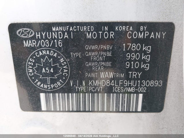 KMHD84LF9HU130893 Hyundai Elantra Gls