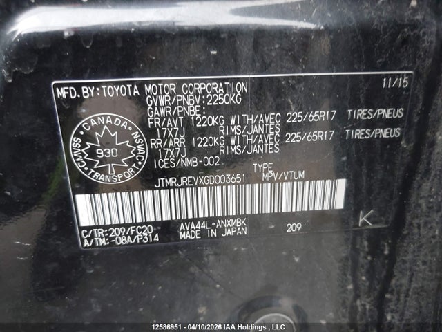 JTMRJREVXGD003651 Toyota Rav4 Hybrid Xle