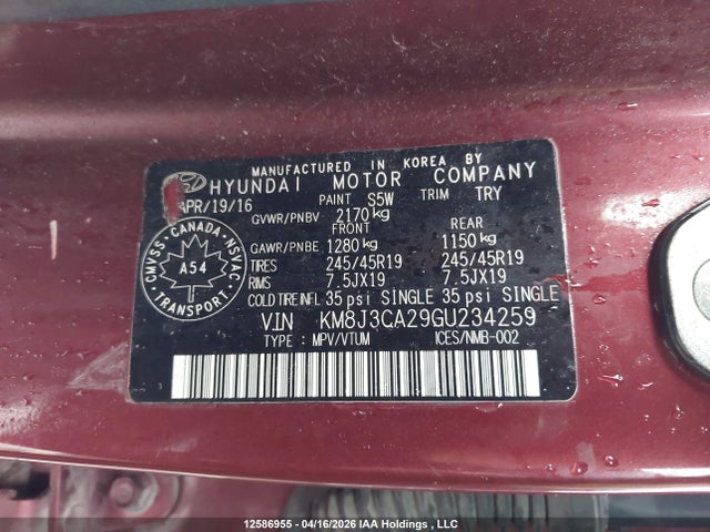 12586955 :رقم المزاد ، KM8J3CA29GU234259 vin ، 2016 Hyundai Tucson Limited مزاد بيع