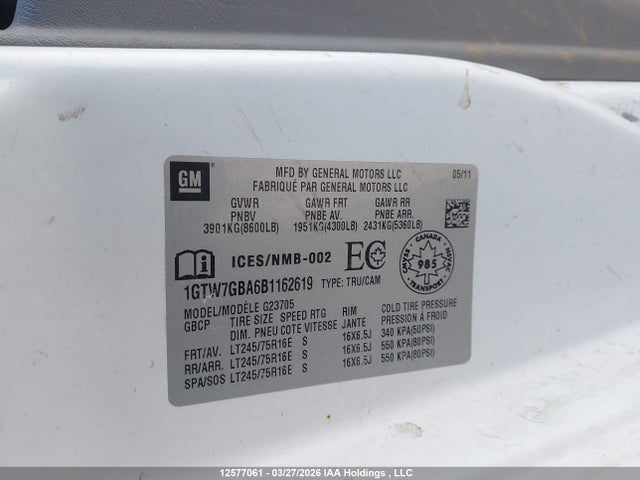 12577061 :رقم المزاد ، 1GTW7GBA6B1162619 vin ، 2011 Gmc Savana 2500 Standard مزاد بيع