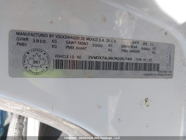 12586969 :رقم المزاد ، 3VWDX7AJ8CM325748 vin ، 2012 Volkswagen Jetta Se مزاد بيع