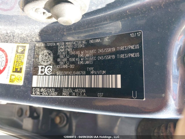 2018 Toyota Highlander Limited მანქანა იყიდება აუქციონზე, vin: 5TDDZRFH2JS486768, აუქციონის ნომერი: 12586972