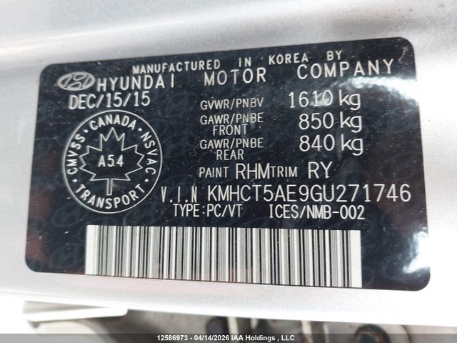 2016 Hyundai Accent Le მანქანა იყიდება აუქციონზე, vin: KMHCT5AE9GU271746, აუქციონის ნომერი: 12586973