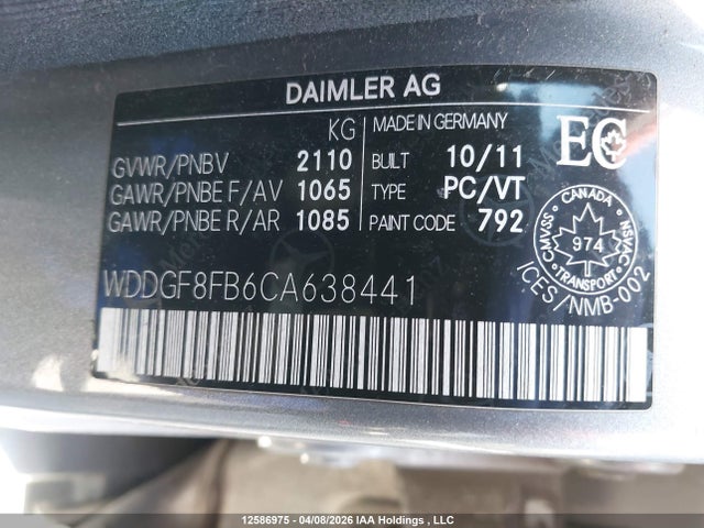 12586975 :رقم المزاد ، WDDGF8FB6CA638441 vin ، 2012 Mercedes-benz C 250 4matic مزاد بيع