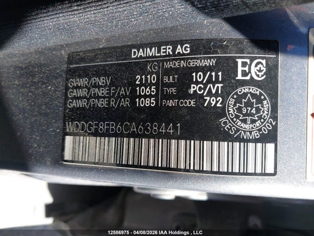 12586975 :رقم المزاد ، WDDGF8FB6CA638441 vin ، 2012 Mercedes-benz C 250 4matic مزاد بيع