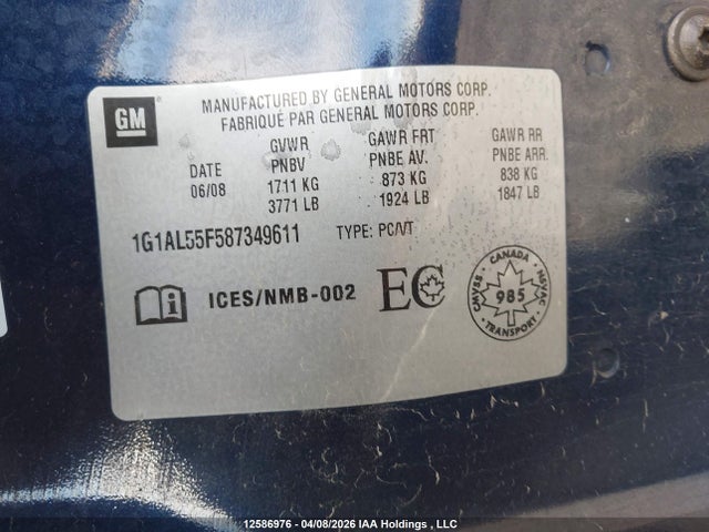 Aukcja sprzedaży 2008 Chevrolet Cobalt Lt, vin: 1G1AL55F587349611, numer aukcji: 12586976