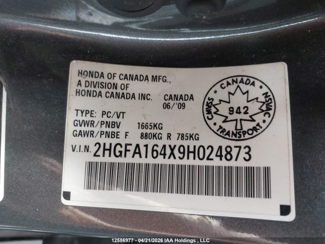 2009 Honda Civic Dx-g მანქანა იყიდება აუქციონზე, vin: 2HGFA164X9H024873, აუქციონის ნომერი: 12586977