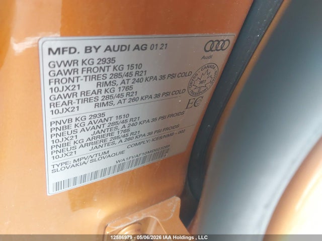 12586979 :رقم المزاد ، WA1FVAF10MD023269 vin ، 2021 Audi Q8 Prestige S-line مزاد بيع