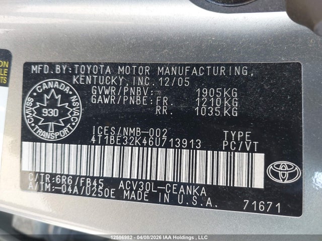2006 Toyota Camry Le/se მანქანა იყიდება აუქციონზე, vin: 4T1BE32K46U713913, აუქციონის ნომერი: 12586982