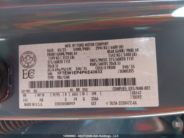 Продаж на аукціоні авто 2023 Ford F150 Supercrew, vin: 1FTEW1EP4PKE43833, номер лоту: 12586983