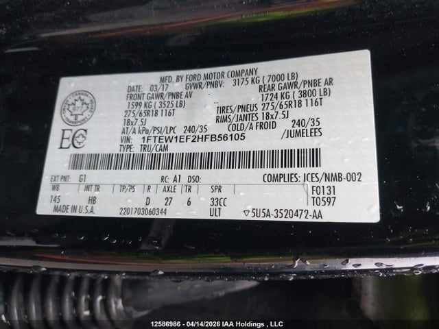 12586986 :رقم المزاد ، 1FTEW1EF2HFB56105 vin ، 2017 Ford F-150 مزاد بيع