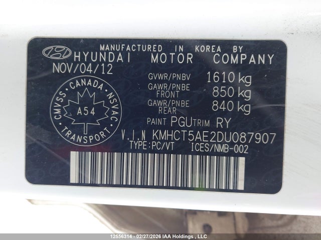 12556314 :رقم المزاد ، KMHCT5AE2DU087907 vin ، 2013 Hyundai Accent Gl مزاد بيع
