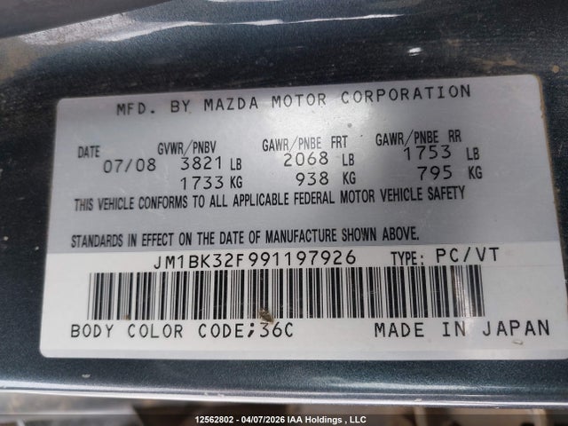 12562802 :رقم المزاد ، JM1BK32F991197926 vin ، 2009 Mazda Mazda3 Gs/gx مزاد بيع