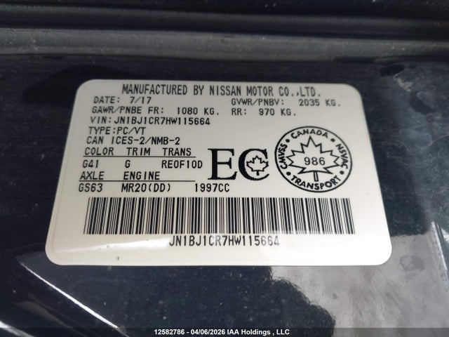 JN1BJ1CR7HW115664 Nissan Qashqai S/sl/sv