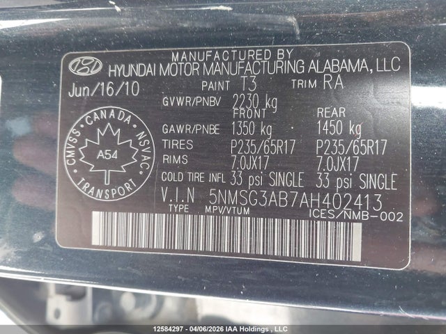 12584297 :رقم المزاد ، 5NMSG3AB7AH402413 vin ، 2010 Hyundai Santa Fe Gl 2.4 مزاد بيع