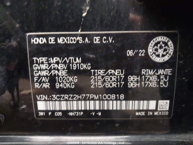 3CZRZ2H77PM100818 Honda Hr-v Exl