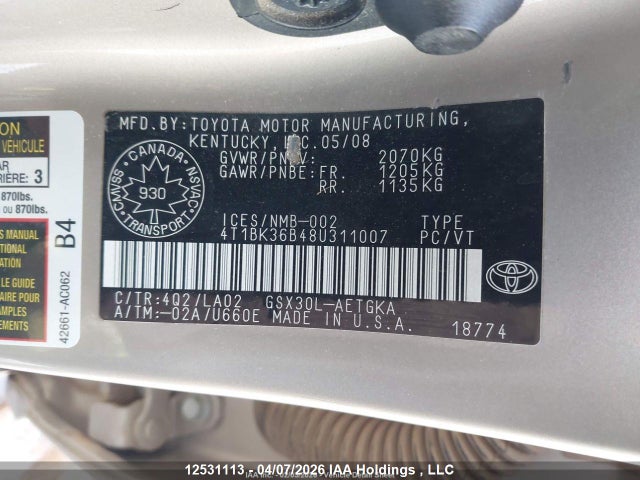 Aukcja sprzedaży 2008 Toyota Avalon Xls, vin: 4T1BK36B48U311007, numer aukcji: 12531113