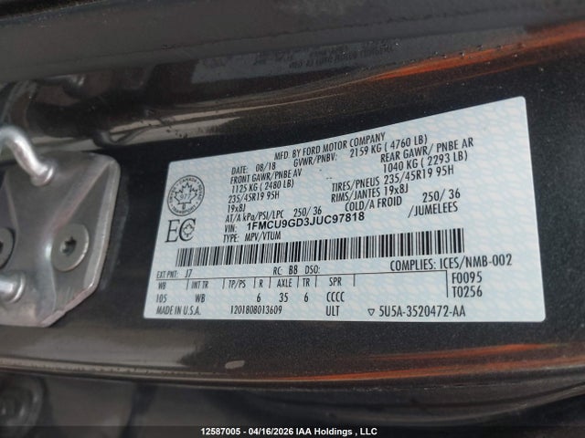 Продажа на аукционе авто 2018 Ford Escape Se, vin: 1FMCU9GD3JUC97818, номер лота: 12587005