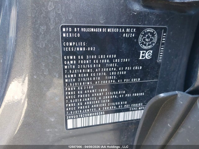 Aukcja sprzedaży 2024 Volkswagen Taos Se, vin: 3VVUX7B2XRM090385, numer aukcji: 12587006