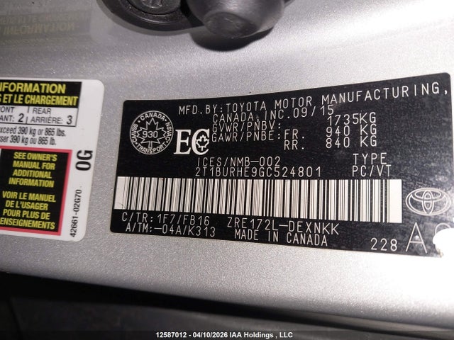 2T1BURHE9GC524801 Toyota COROLLA LE