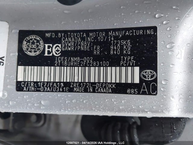 2015 Toyota Corolla L/le/le Pls/prm/s/s Pls მანქანა იყიდება აუქციონზე, vin: 2T1BURHE2FC283100, აუქციონის ნომერი: 12587021