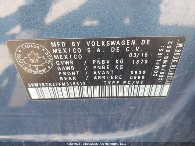3VW1K7AJ7FM316318 Volkswagen JETTA S