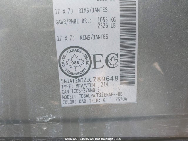 2020 Nissan Rogue S/sl/sv მანქანა იყიდება აუქციონზე, vin: 5N1AT2MT2LC789648, აუქციონის ნომერი: 12587029