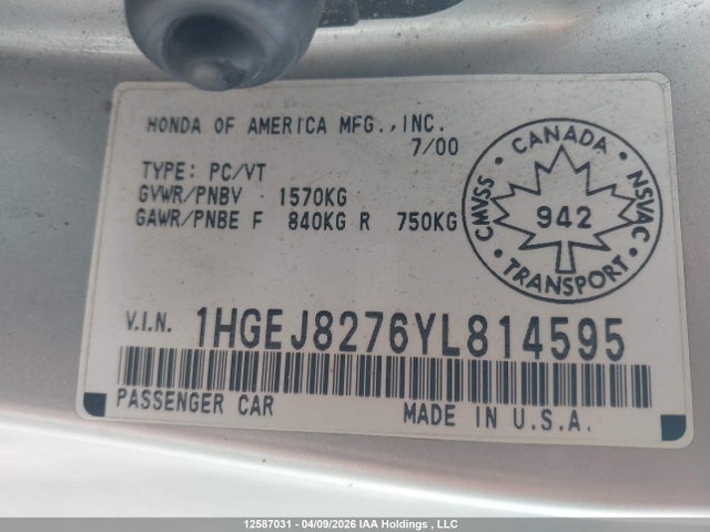 12587031 :رقم المزاد ، 1HGEJ8276YL814595 vin ، 2000 Honda Civic مزاد بيع